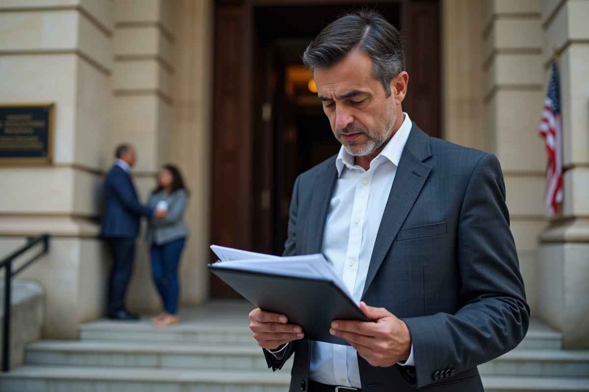 Homme vérifiant des documents devant une ambassade