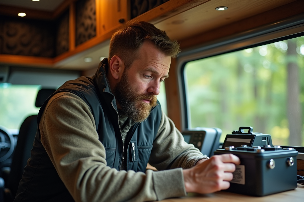 Homme vérifiant un moniteur de batterie dans un van aménagé