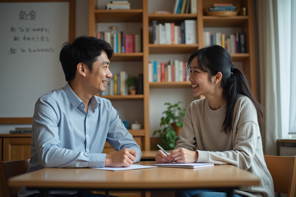 Homme japonais discute avec une prof de français en intérieur