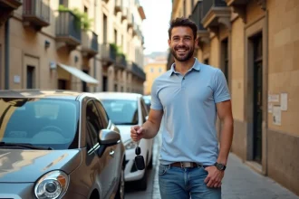 Homme souriant avec voiture de location à Palermo