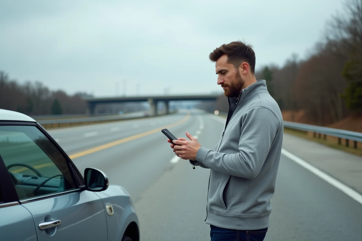 Homme consultant les options d'itinéraire rapide ou économique sur son smartphone devant une voiture sur une aire d'autoroute