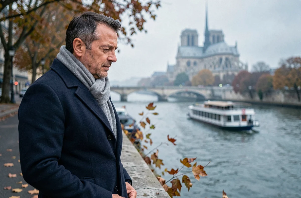 Homme appuyé sur un pont parisien contemplant la Seine avec Notre-Dame en arrière-plan en automne
