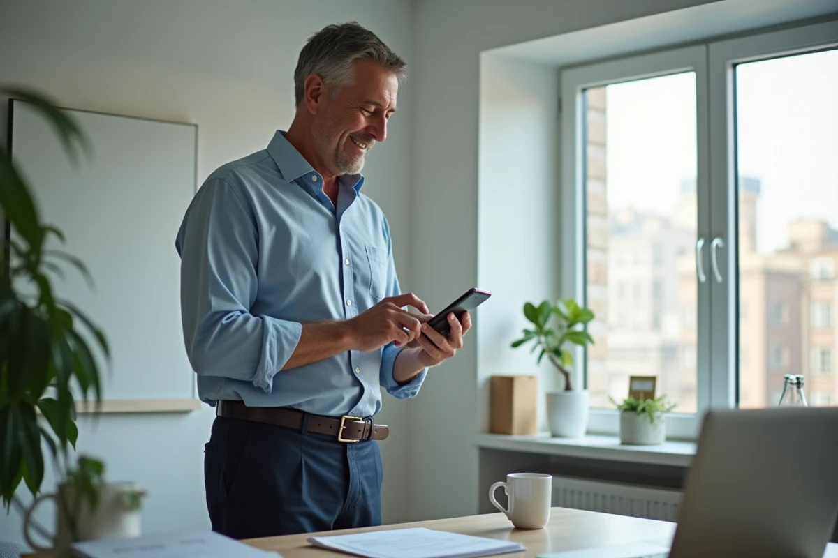 Homme scannant un QR code pour activer une eSIM dans un bureau à domicile