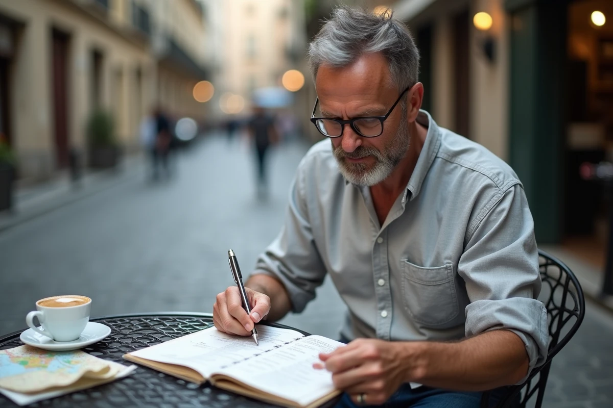 Homme consultant un quiz sur les pays et villes en terrasse de café avec stylo et carnet ouvert