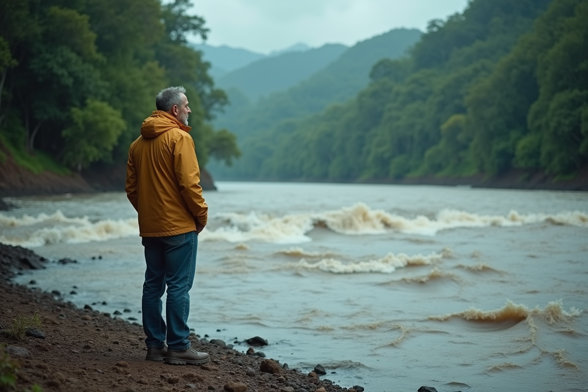 Homme d'âge moyen regardant la rivière tumultueuse