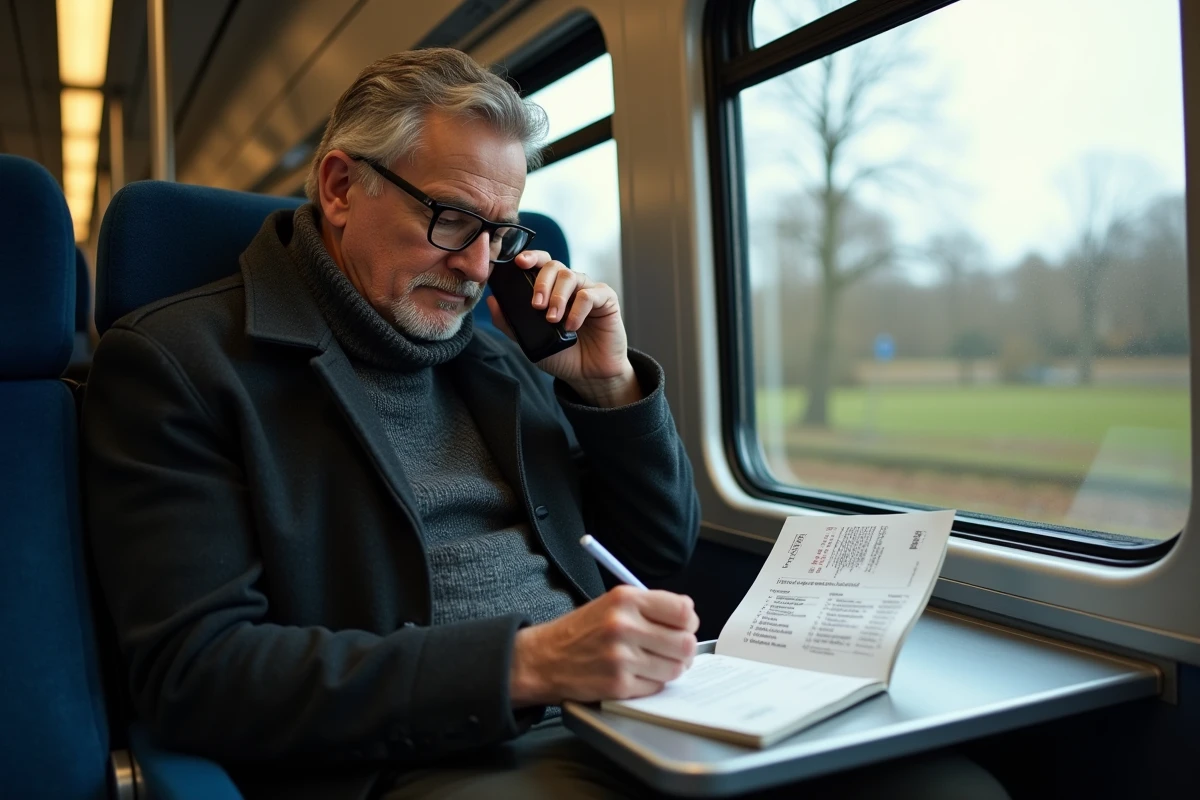 Homme dans un train vérifiant son horaire et prenant des notes