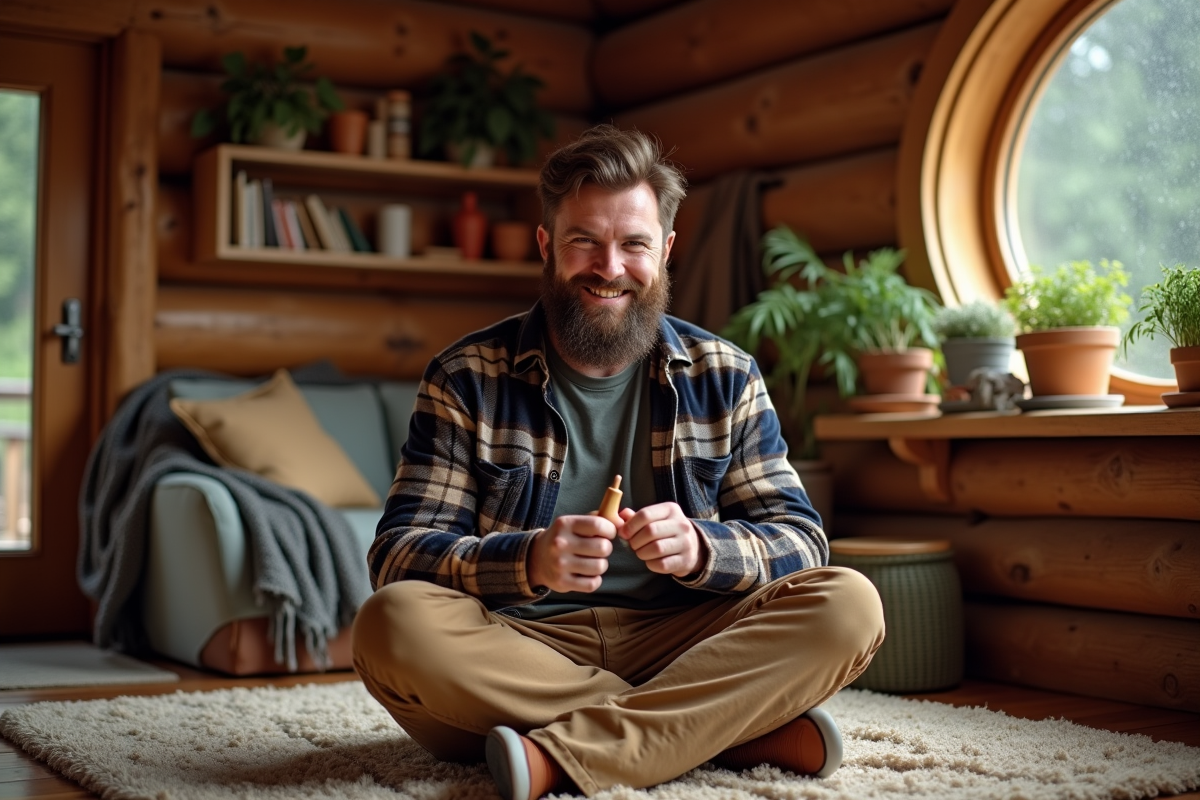 Homme sculptant du bois dans une cabane chaleureuse