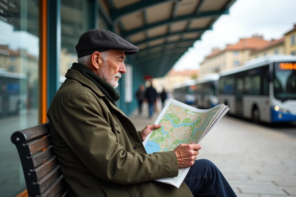 Homme âgé étudiant une carte dans une station de bus à Aix