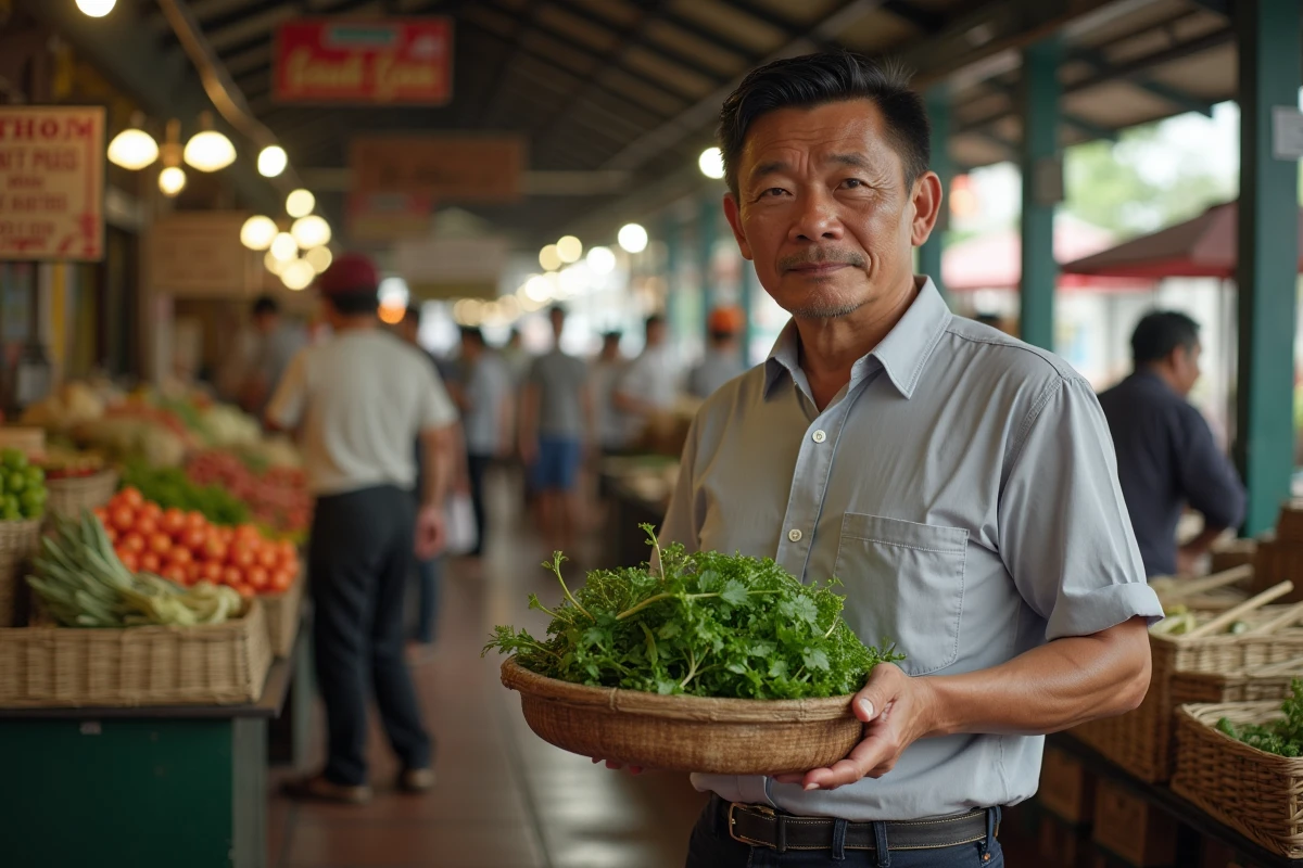 Homme vietnamien au march&eacute; de Hu&eacute; avec des herbes fra&icirc;ches