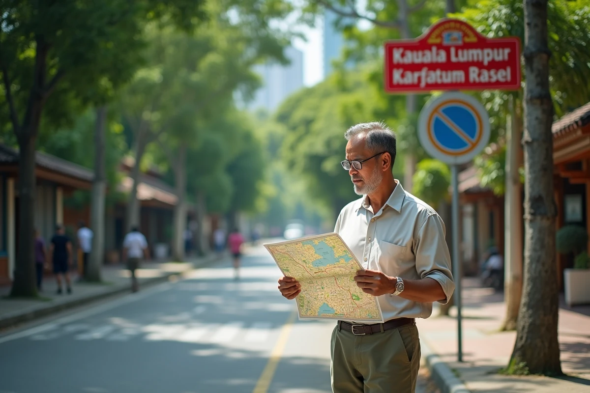 Homme consultent une carte dans les rues de Kuala Lumpur