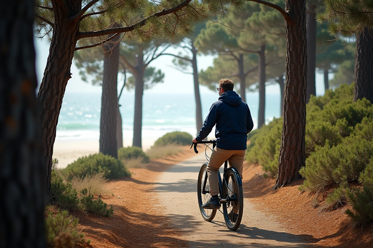 Homme en windbreaker sur un sentier côtier boisé