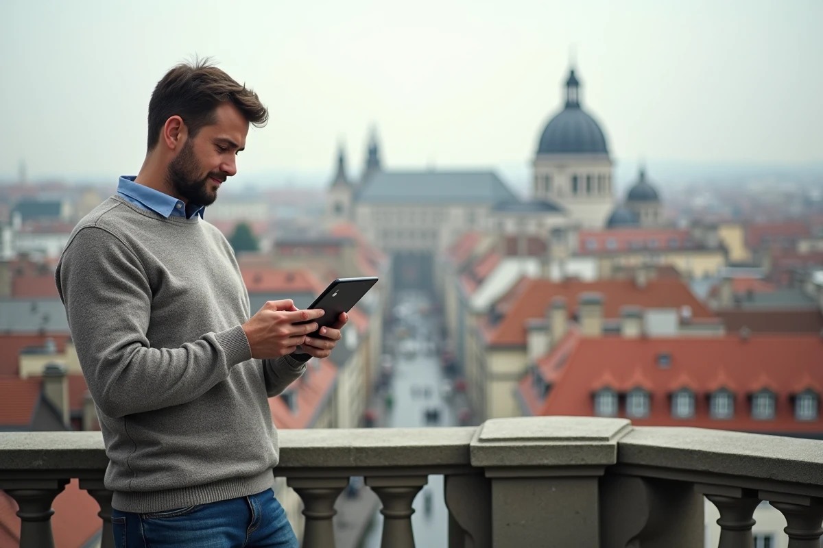 Homme contemplant la ville depuis un balcon en préparant son voyage