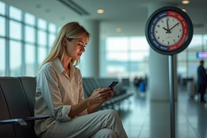 Femme consultant les horaires de vol France-Martinique sur son smartphone dans un aéroport moderne avec horloge affichant deux fuseaux horaires