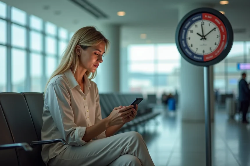 Femme consultant les horaires de vol France-Martinique sur son smartphone dans un aéroport moderne avec horloge affichant deux fuseaux horaires