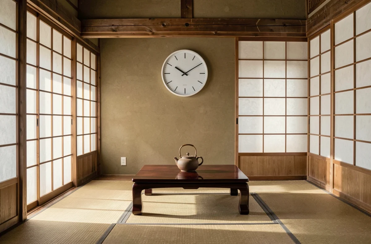 Horloge analogique dans un ryokan japonais traditionnel symbolisant les fuseaux horaires et les saisons au Japon