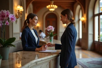 Hall d'accueil luxueux d'un hôtel 5 étoiles à Strasbourg avec une voyageuse élégante effectuant sa réservation à la réception en marbre