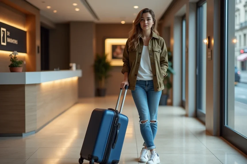 Femme dans un hall d'h&ocirc;tel moderne &agrave; Strasbourg