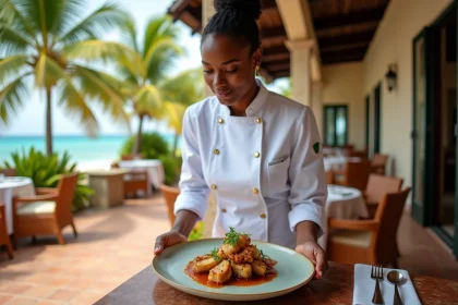 Chef créole en veste blanche dressant une assiette gastronomique sur la terrasse d'un hôtel de luxe en Guadeloupe avec vue sur la mer des Caraïbes