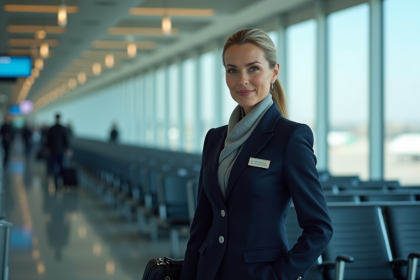 Hôtesse de l'air confiante dans un uniforme à l'aéroport
