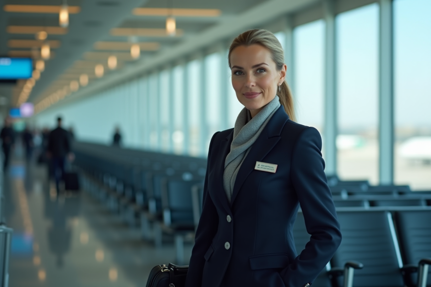 Hôtesse de l'air confiante dans un uniforme à l'aéroport