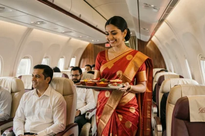 Hôtesse de l'air Air India en sari rouge et or servant des rafraîchissements en classe affaires à bord d'un vol long-courrier