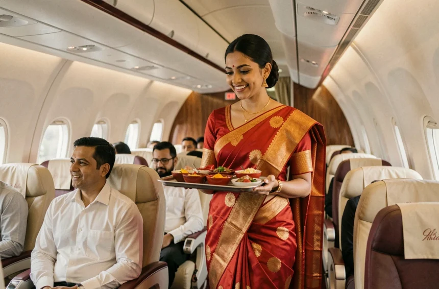 Hôtesse de l'air Air India en sari rouge et or servant des rafraîchissements en classe affaires à bord d'un vol long-courrier