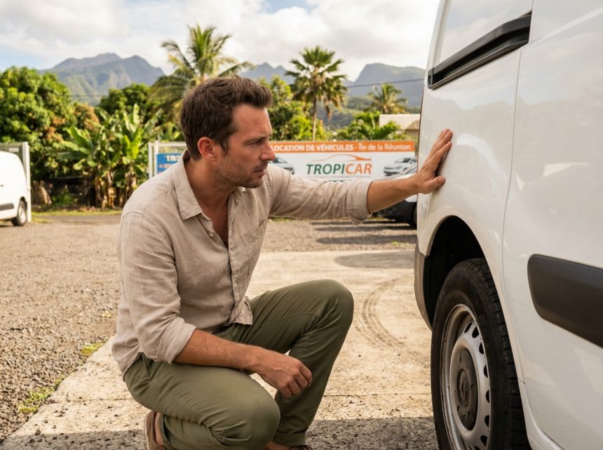 Homme inspectant la carrosserie d'un utilitaire blanc dans une agence de location à la Réunion avant de signer le contrat