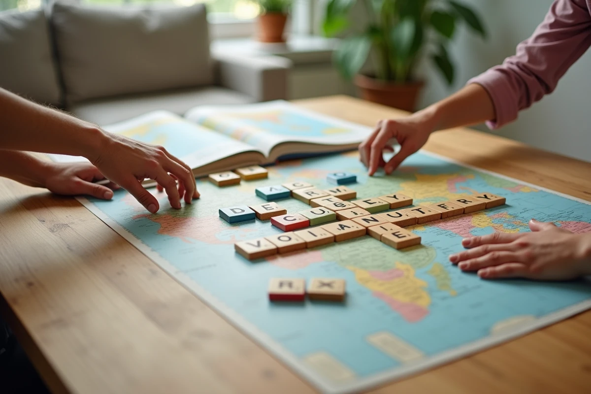 Jeu de lettres en famille avec tuiles alphabet sur table en bois, atlas ouvert, ambiance salon moderne