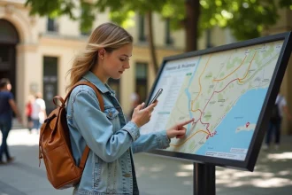 Jeune femme avec sac à dos regardant une carte à Aix en Provence