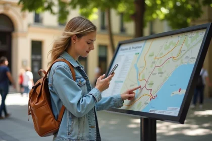 Jeune femme avec sac &agrave; dos regardant une carte &agrave; Aix en Provence
