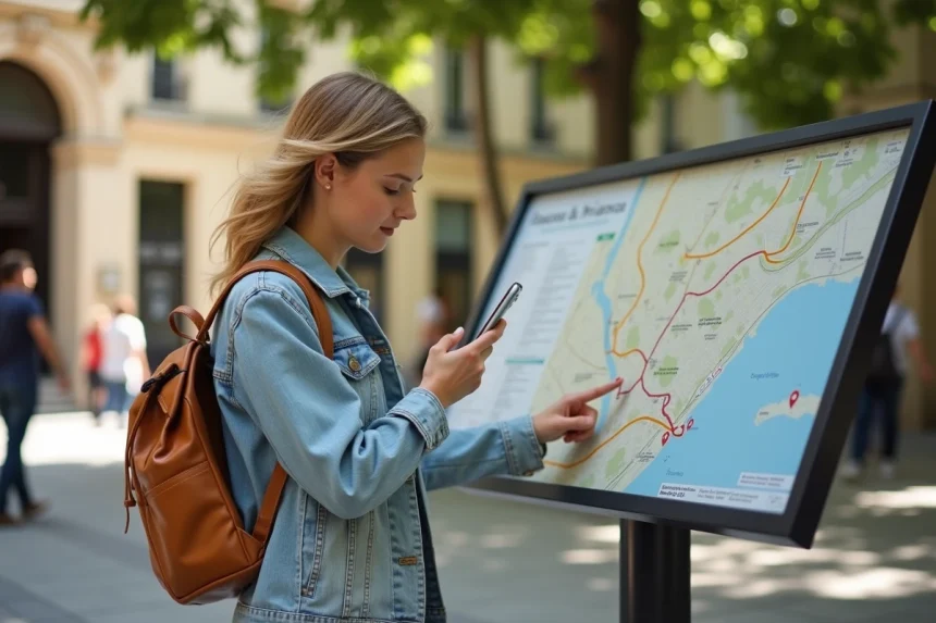 Jeune femme avec sac &agrave; dos regardant une carte &agrave; Aix en Provence