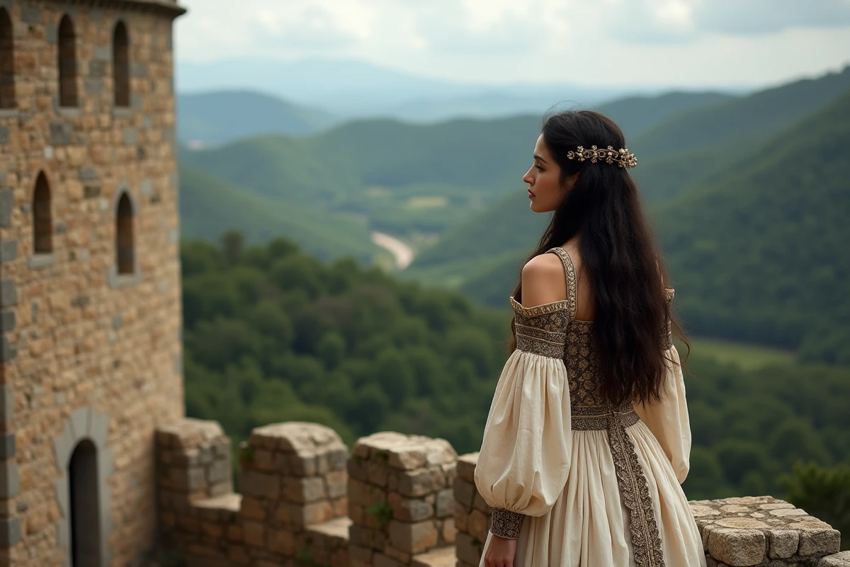 Jeune femme en robe medievale sur le rempart du château de Requesens