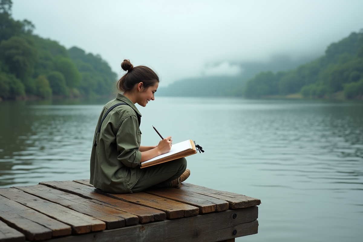 Jeune femme dessinant la rivière depuis un pont en bois