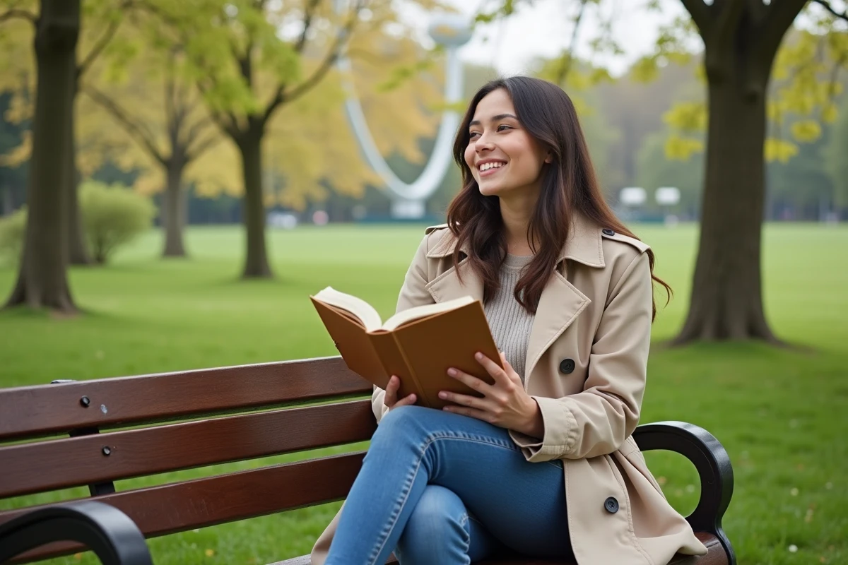 Jeune femme lisant sur un banc dans un parc au printemps