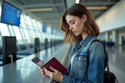 Jeune femme vérifiant son passeport à l'aéroport moderne