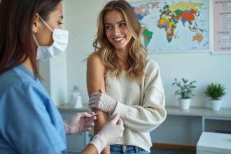 Jeune femme se faisant vacciner dans une clinique moderne