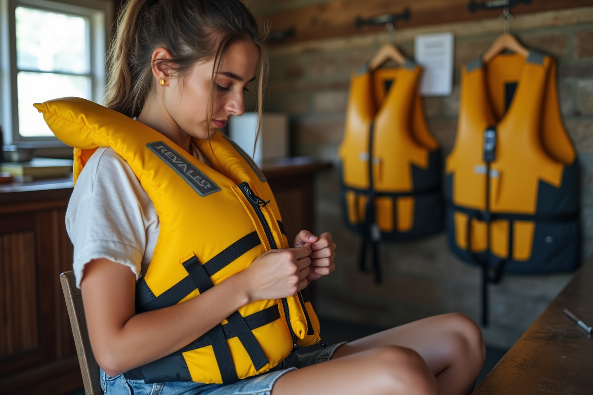 Jeune femme inspectant une veste de sauvetage jaune en intérieur