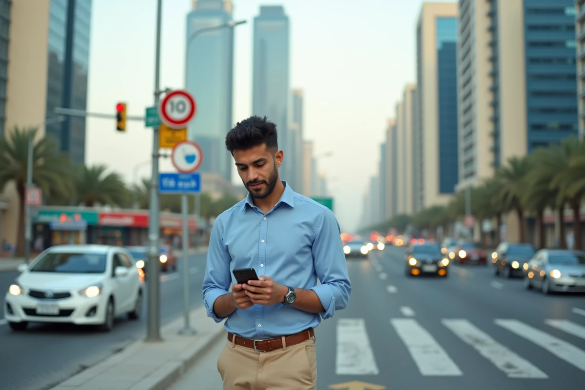 Jeune homme vérifiant son smartphone au croisement de Dubai