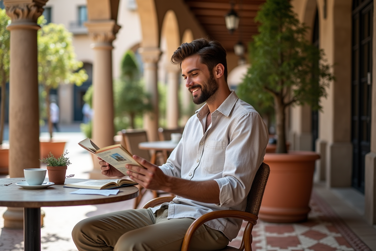 Jeune homme lisant un guide dans un café andalou