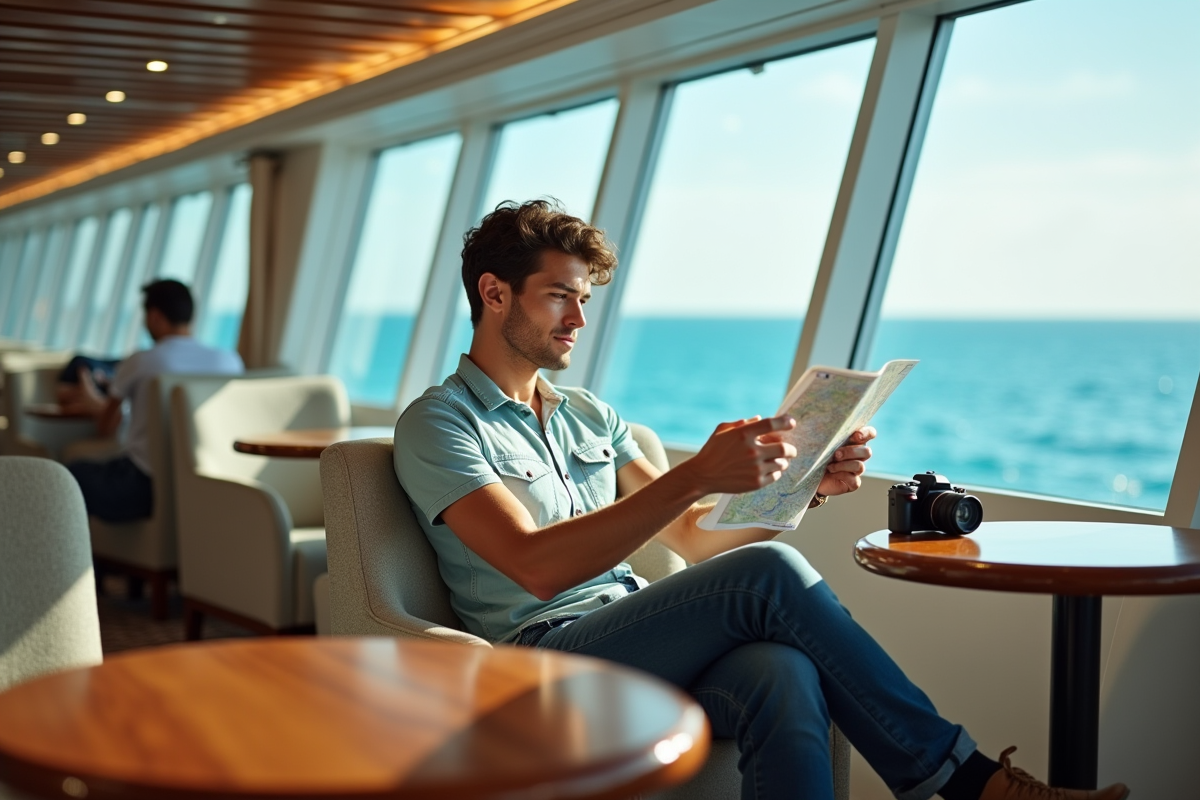 Jeune homme avec camera dans lounge de croisiere