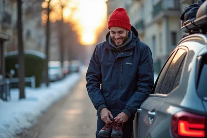 Jeune homme souriant ajustant ses bottes de ski à Paris