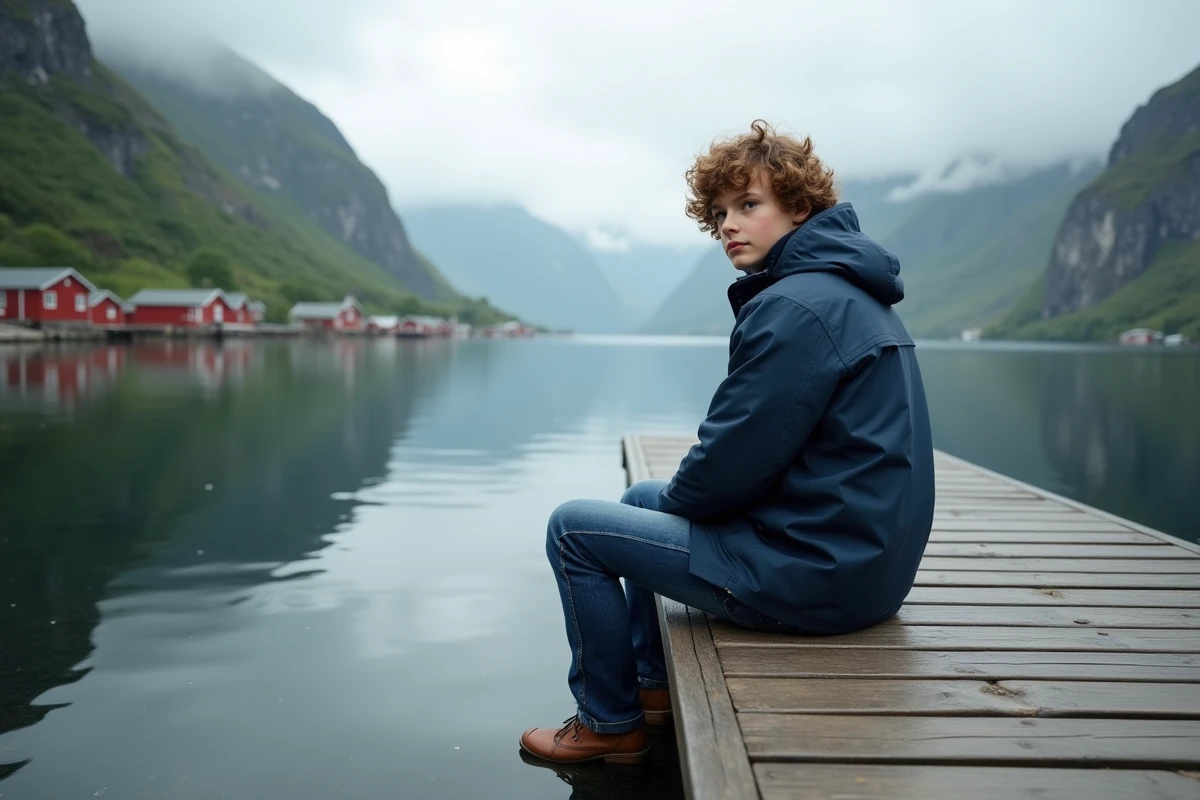 Jeune homme assis sur un pont au bord du fjord