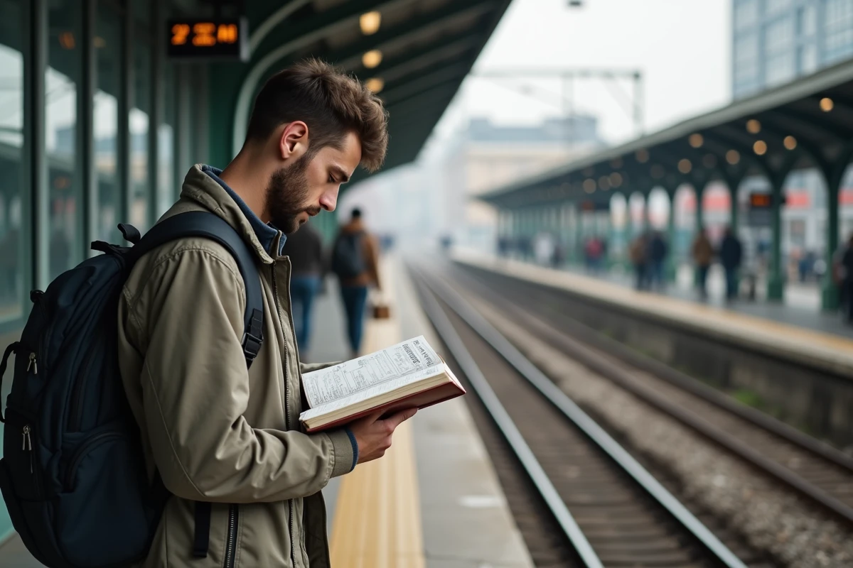 Jeune homme vérifiant son journal de voyage à la gare