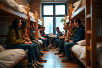 Groupe de voyageurs dans un dortoir convivial