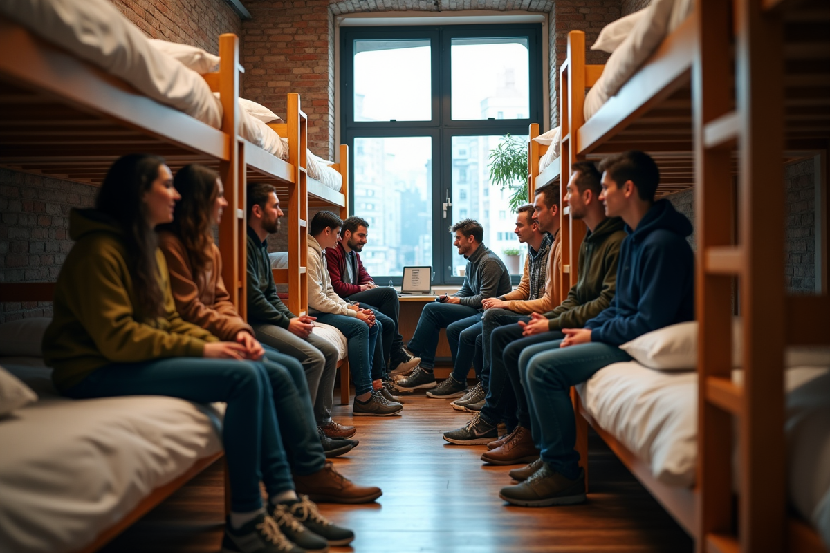 Groupe de voyageurs dans un dortoir convivial