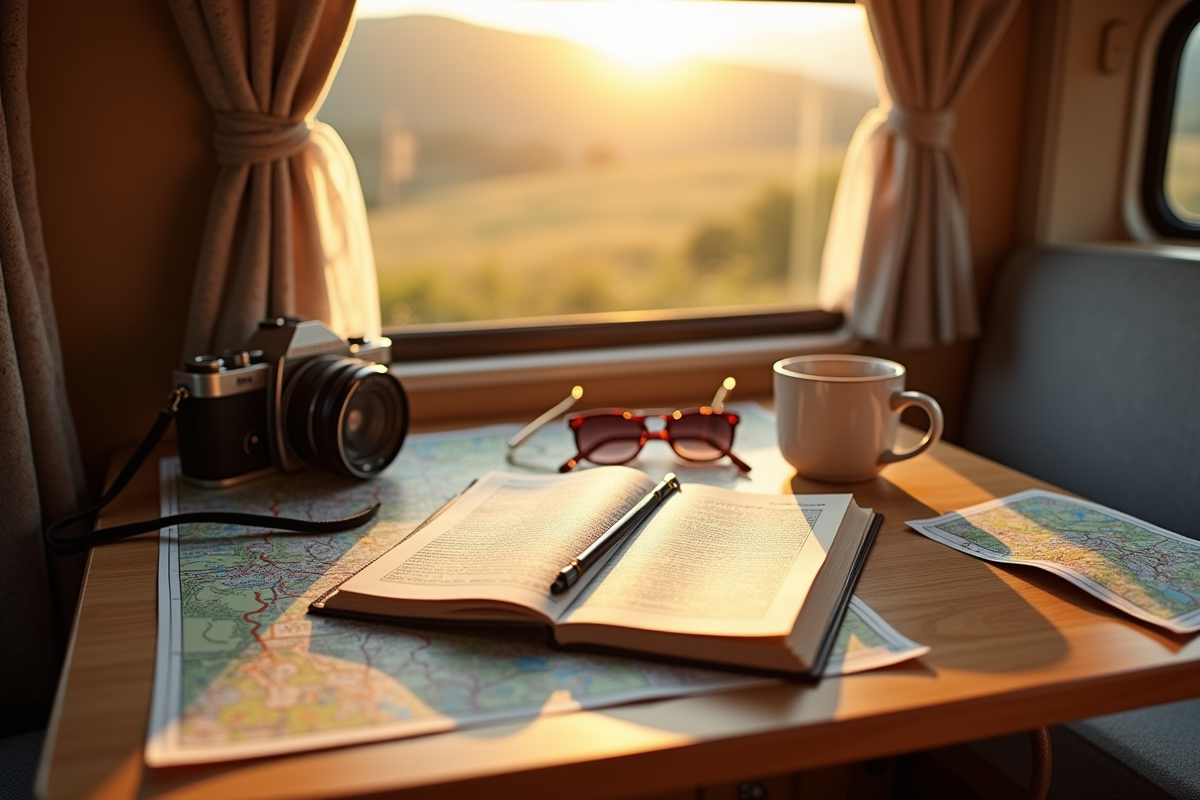 Carnet de voyage ouvert dans un van avec accessoires