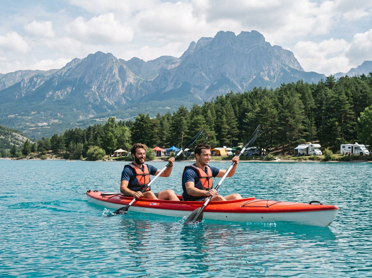 Deux hommes en kayak sur le lac de Serre-Ponçon avec vue sur les montagnes alpines et camping en arrière-plan
