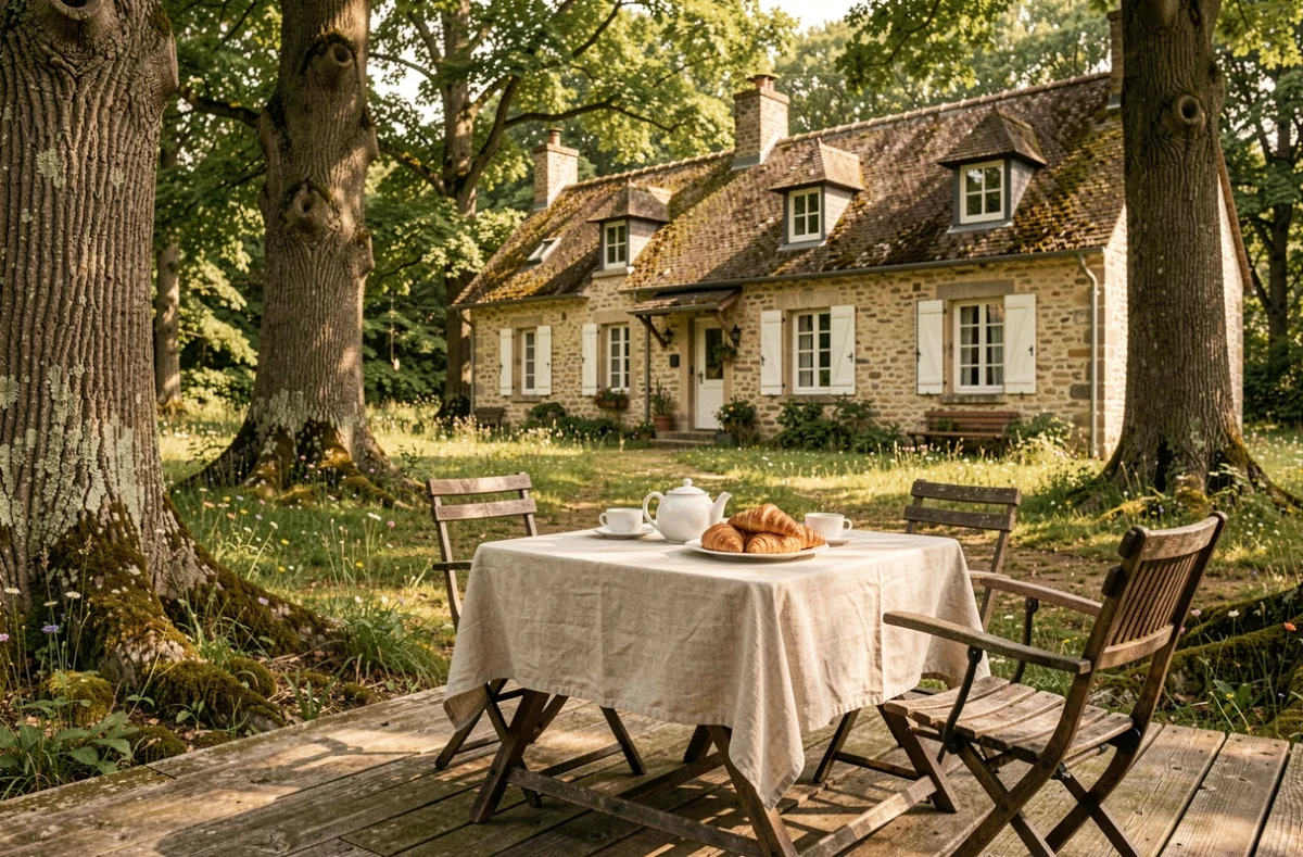 Terrasse en bois d'une chambre d'hôtes entourée de chênes près de Nantes avec petit-déjeuner servi en plein air