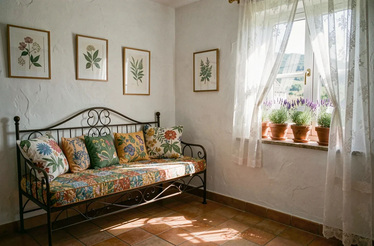 Chambre d'hôtes La Dolce Vita en Finistère avec sol en tomettes, murs blancs et décorations méditerranéennes