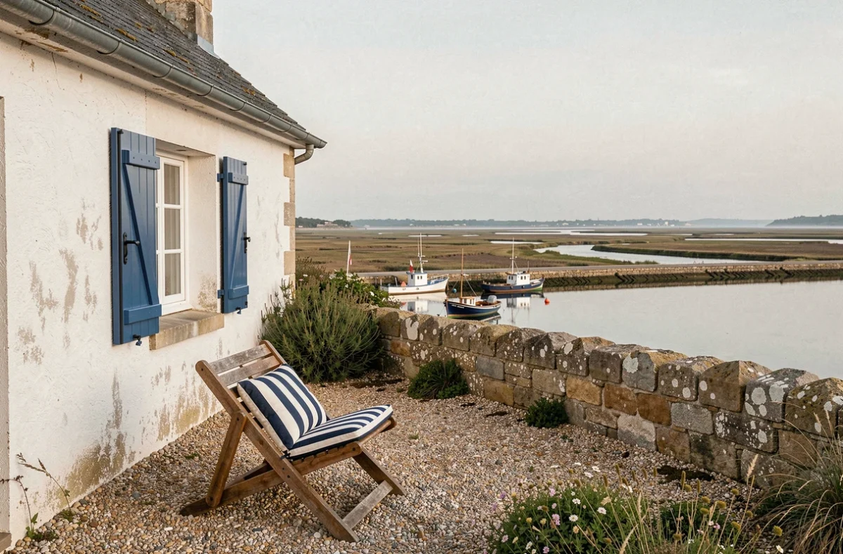 Façade blanche aux volets bleus de La Maison du Traict au Croisic avec vue sur l'estuaire